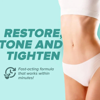 Promotional graphic for a body contouring product showing a woman's midsection wearing white underwear, alongside the text 'RESTORE, TONE AND TIGHTEN' on a light aqua background.