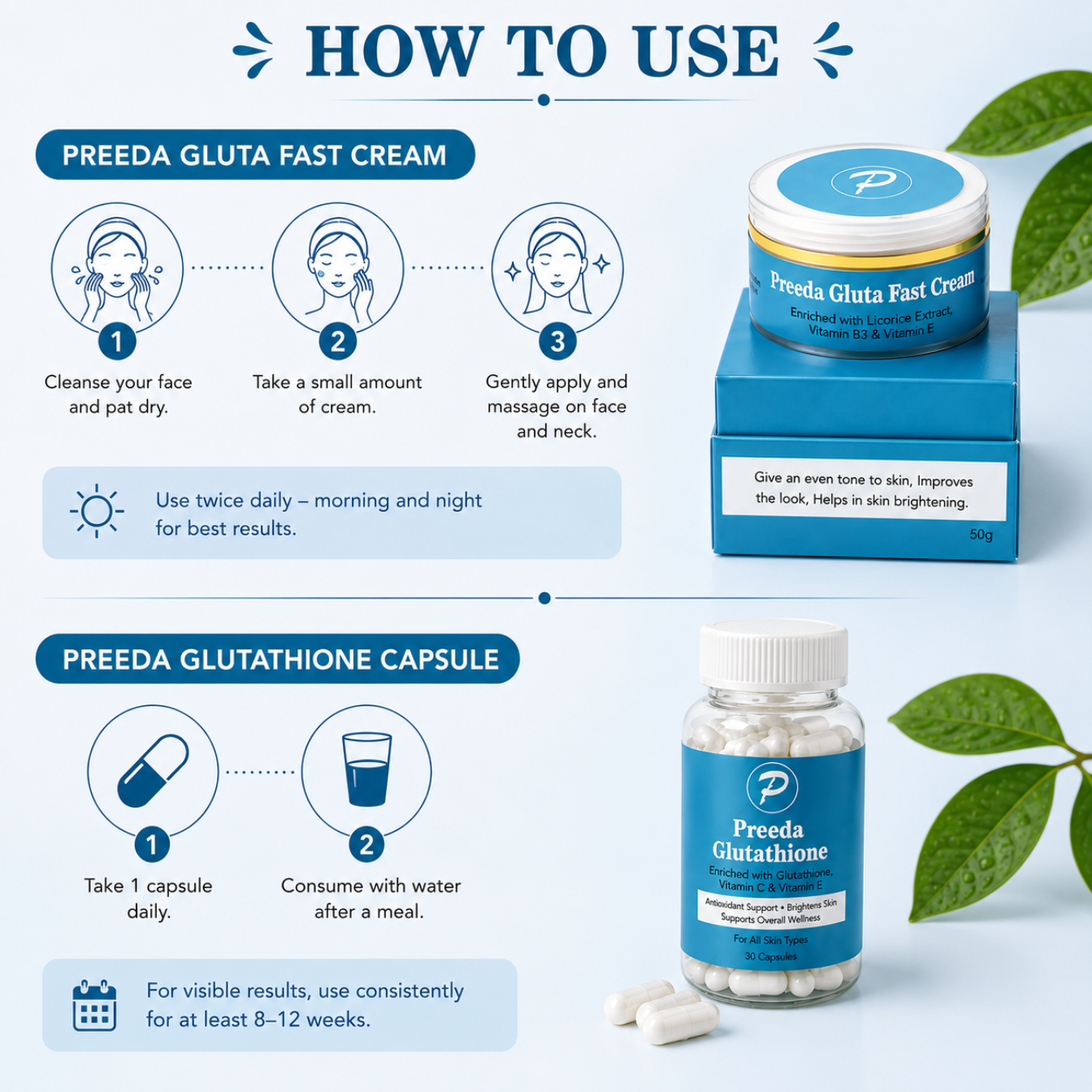 Preeda Gluta Fast Cream & Preeda Glutathione Capsules Combo