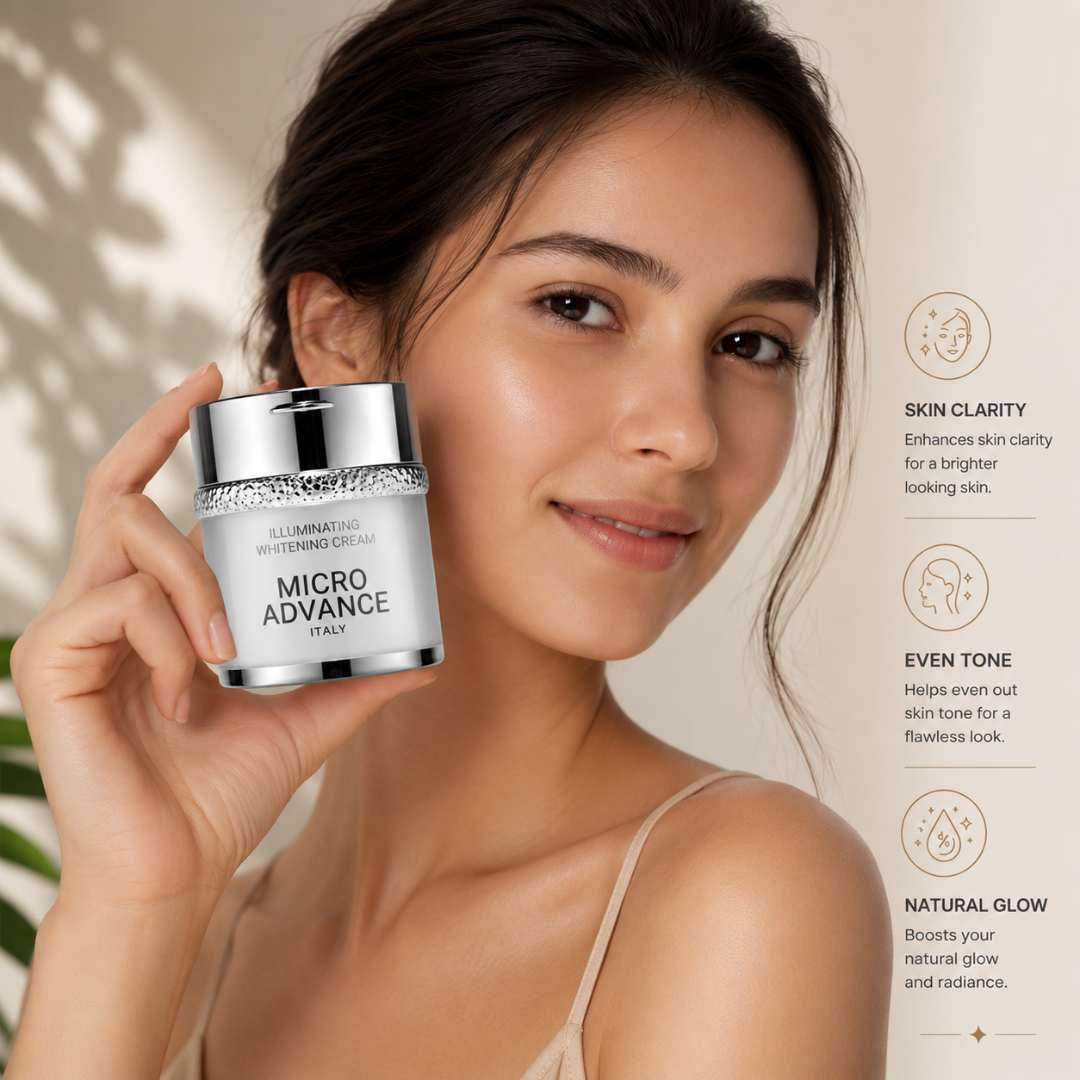 Woman holding a skincare cream jar with product features on a beige background