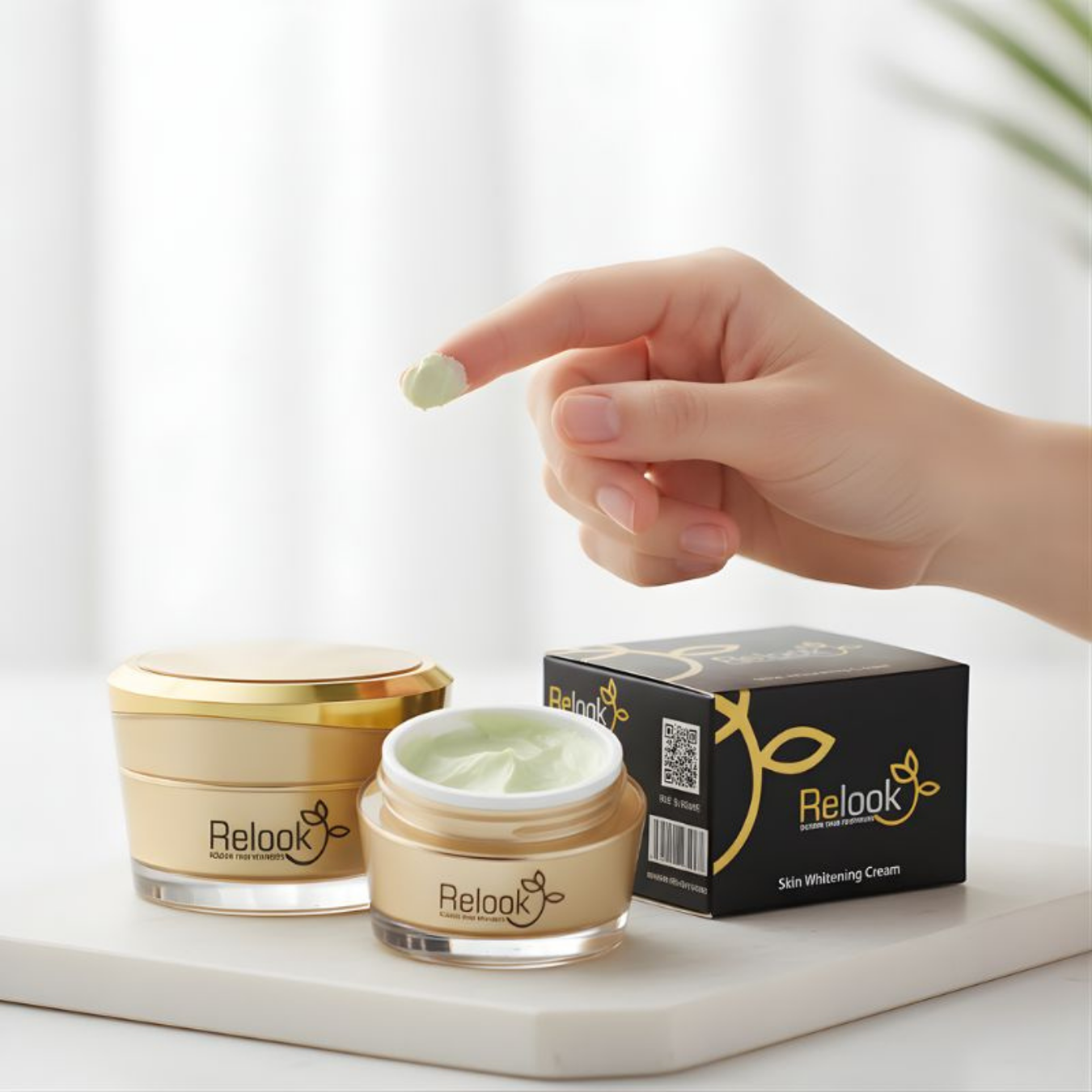 Relook skincare cream with jar, box, and hand applying cream on a light background