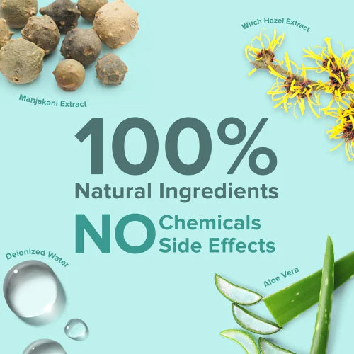 Promotional graphic for a natural skincare product featuring the text '100% Natural Ingredients NO Chemicals Side Effects' on a light aqua background, surrounded by ingredient illustrations including manjaki extract, witch hazel extract, delionized water droplets, aloe vera slices, and ajwa vera leaves.
