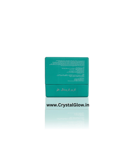 Green skincare product packaging with 'CrystalGlow' branding on a white background