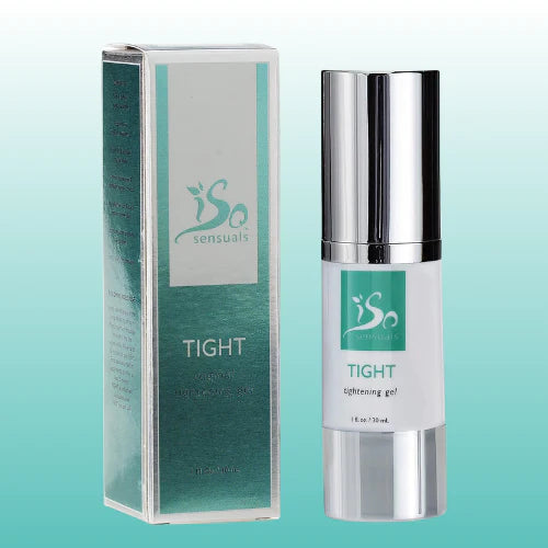 Skincare product with packaging labeled 'ISO Sensuals Tight' on a light blue background