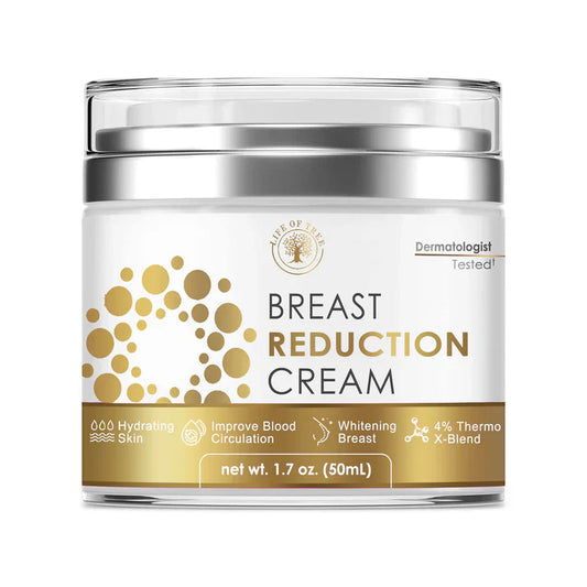 Jar of breast reduction cream with gold and white label on a white background