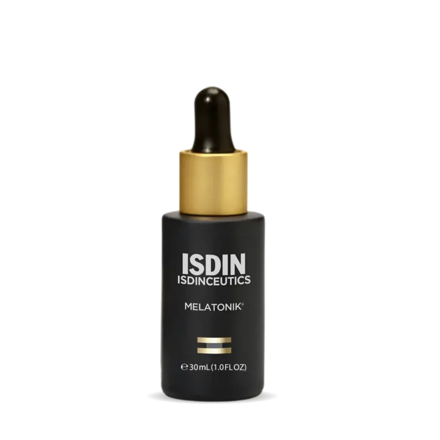 A black dropper bottle of ISDIN ISDINCEUTICS MELATONIK serum with a gold collar and black dropper cap, set against a plain white background.