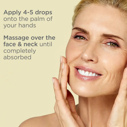 Close-up of a smiling woman touching her face with both hands, with text on the left reading: 'Apply 4-5 drops onto the palm of your hands' and 'Massage over the face & neck until completely absorbed.'.