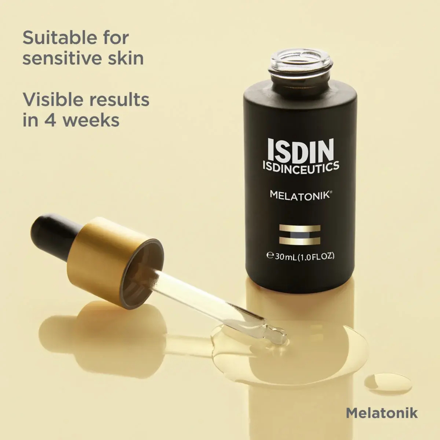 ISDIN skincare product with dropper on a beige background