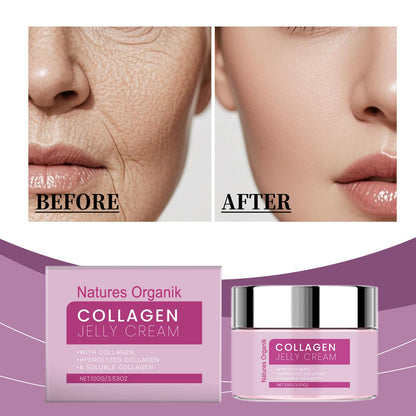 Collagen jelly cream packaging with 'Before' and 'After' skin comparison on a purple background.