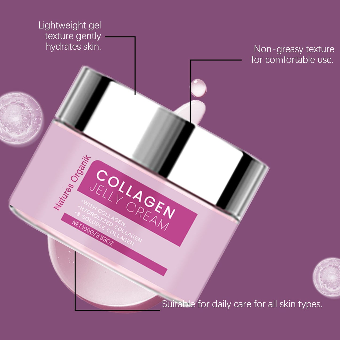 Collagen jelly cream jar with text on a purple background