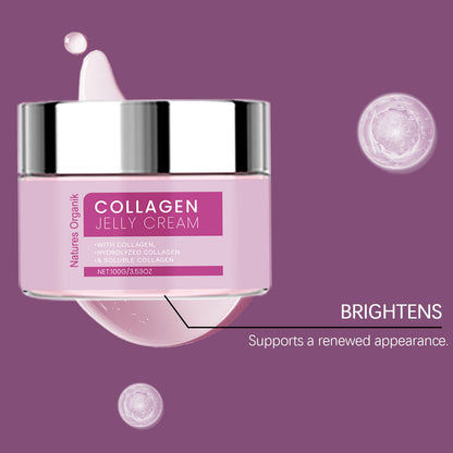 Collagen jelly cream jar with droplets on a purple background