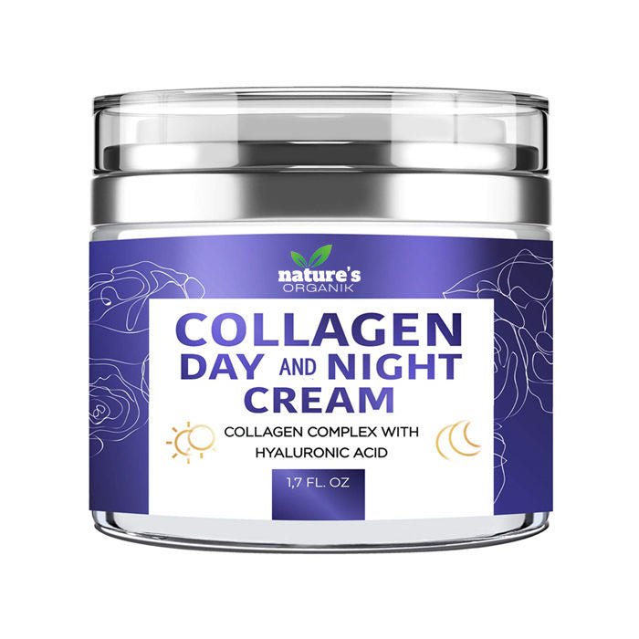 Jar of Nature's Organik Collagen Day and Night Cream on a white background