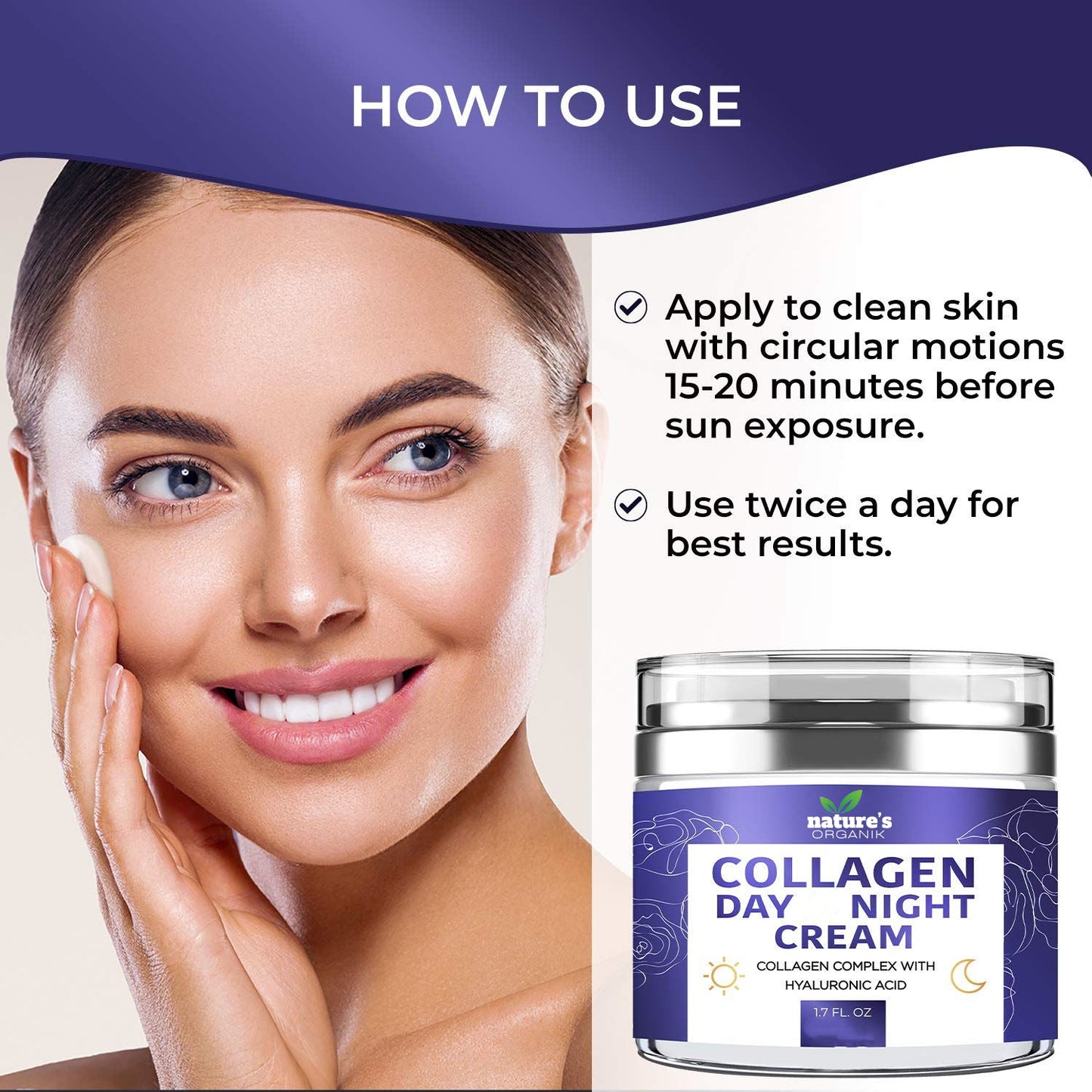 Collagen day night cream with application instructions and a model's face.