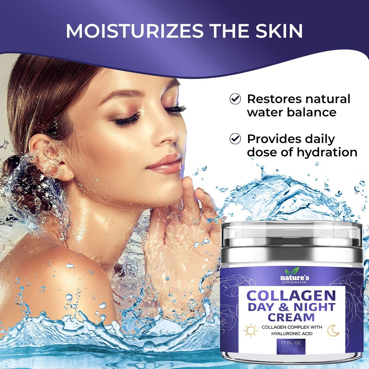 Collagen day and night cream with a woman moisturizing her skin and water splashes.