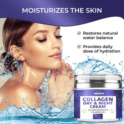 Collagen day and night cream with a woman moisturizing her skin and water splashes.