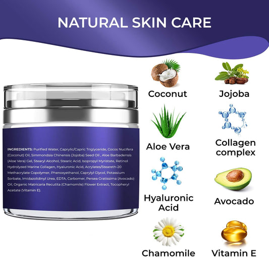 Natural skin care product with ingredients listed on a white background