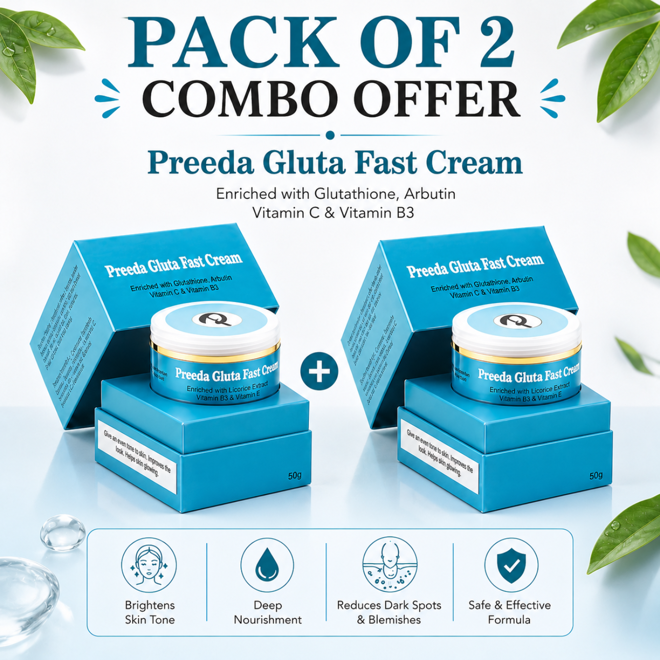 Pack of 2 Preeda Gluta Fast Creams with packaging on a light background