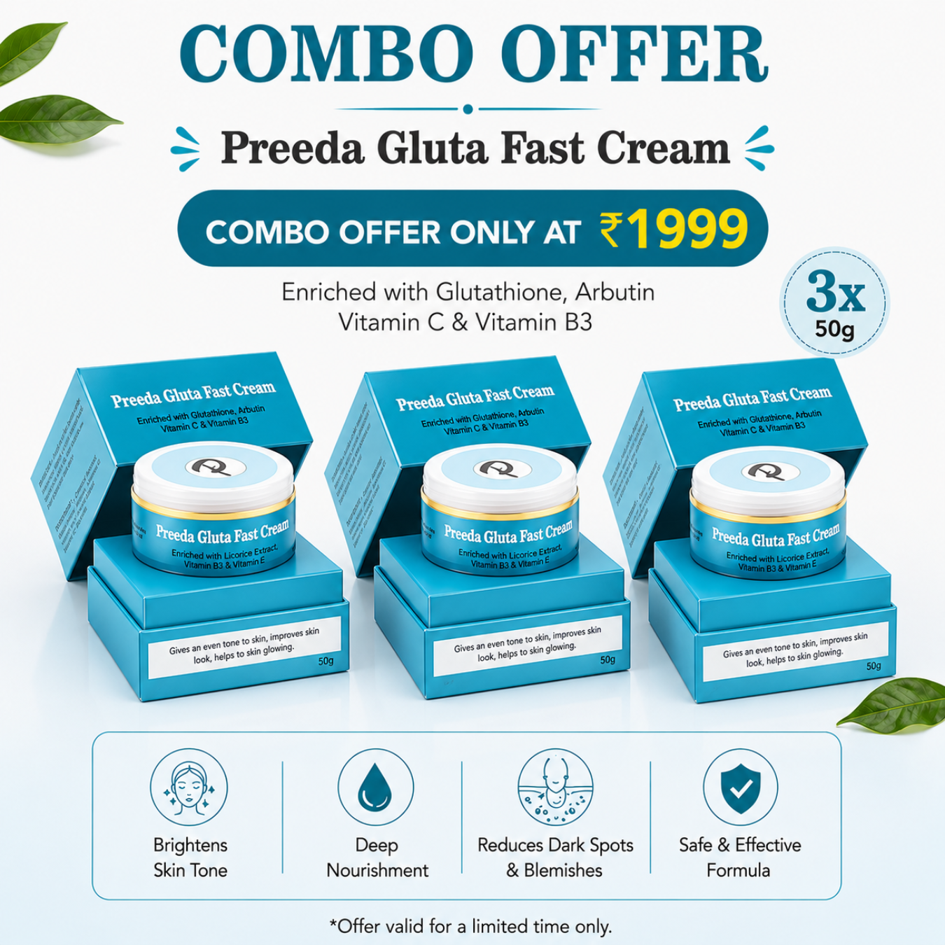 Preeda Gluta Fast Cream combo offer with three jars on a white background