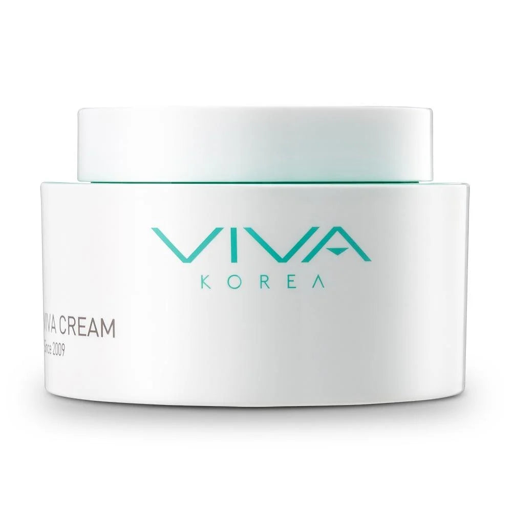 A white cosmetic cream jar with a matching lid, featuring the brand name 'VIVA KOREA' printed in teal on the front, set against a clean white background.