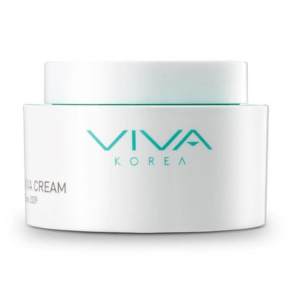A white cosmetic cream jar with a matching lid, featuring the brand name 'VIVA KOREA' printed in teal on the front, set against a clean white background.