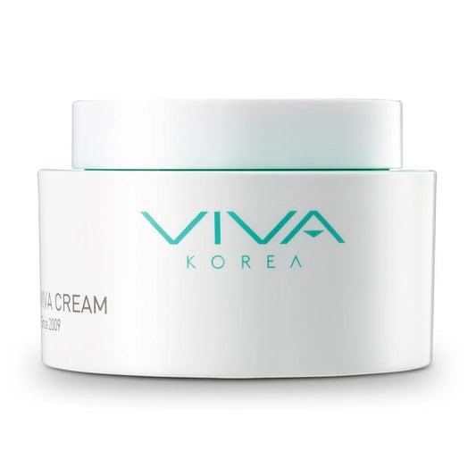 A white cosmetic cream jar with a matching lid, featuring the brand name 'VIVA KOREA' printed in teal on the front, set against a clean white background.