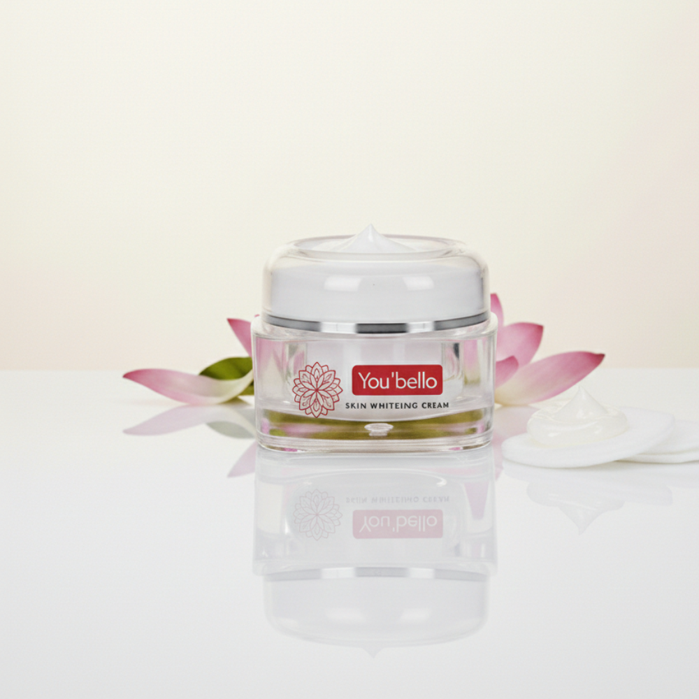 Youbello skin whitening cream jar with pink lotus flowers on a light background